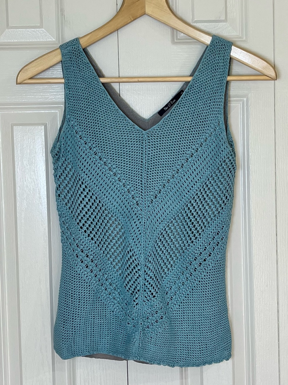 NIC+ZOE Crochet Knit V Neck Fully Lined Tank Top In Dusty Teal Size Large